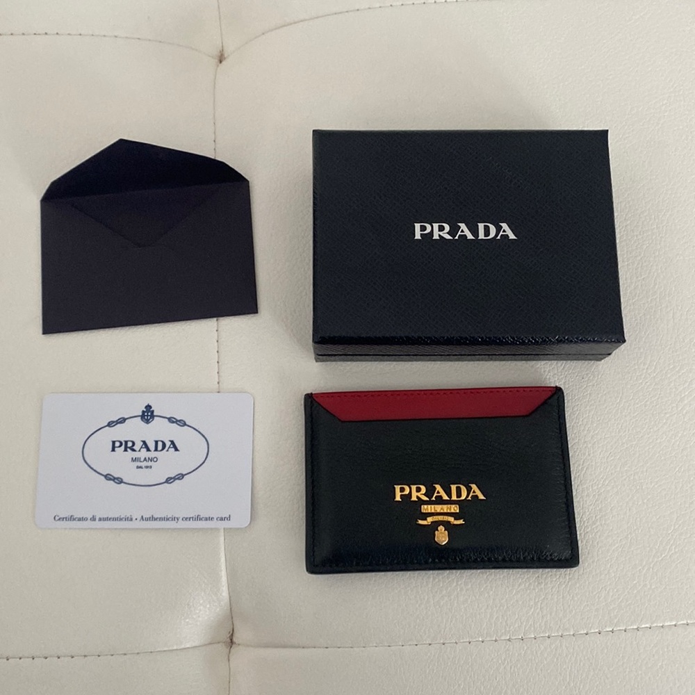 Prada black and red leather card holder with gold hardware